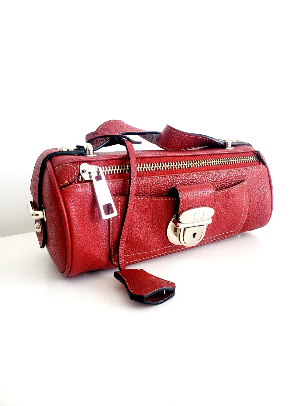 Red Pebbled Leather Mini Barrel Crossbody Bag - Picture 2 of 5